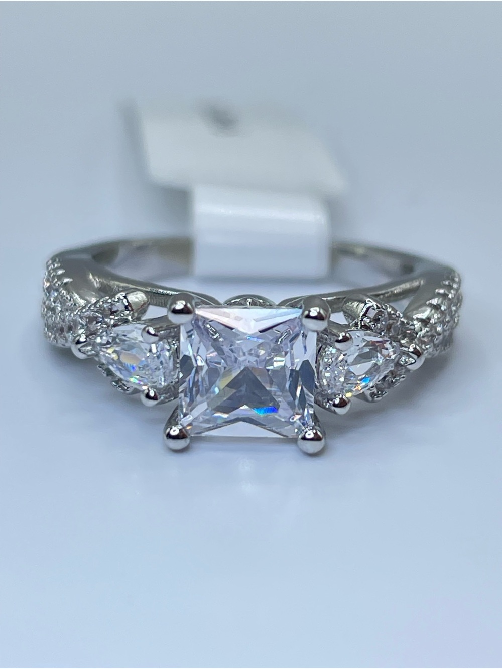 Swarovski Crystal Elements White Crystal Princess Cut Statement Ring Sz 6